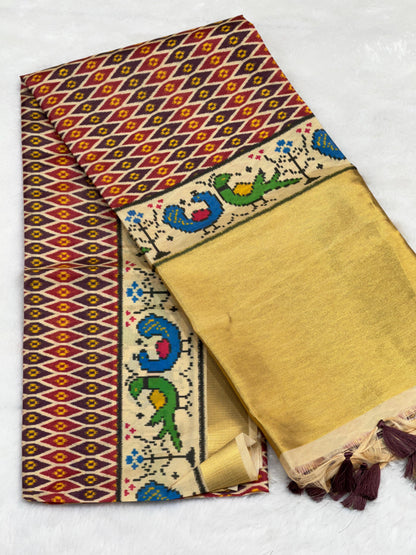 D1 Premium Real Tissue Silk Saree with Patola Kalamkari Design & Golden Zari Patto