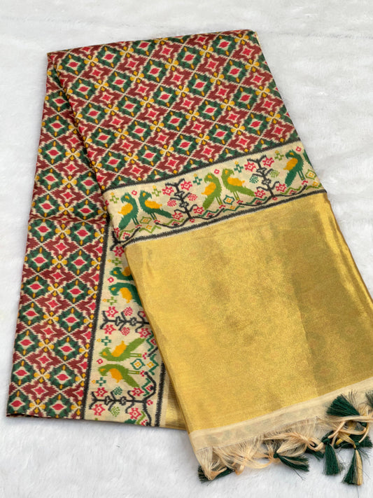 D4 Premium Real Tissue Silk Saree with Patola Kalamkari Design & Golden Zari Patto