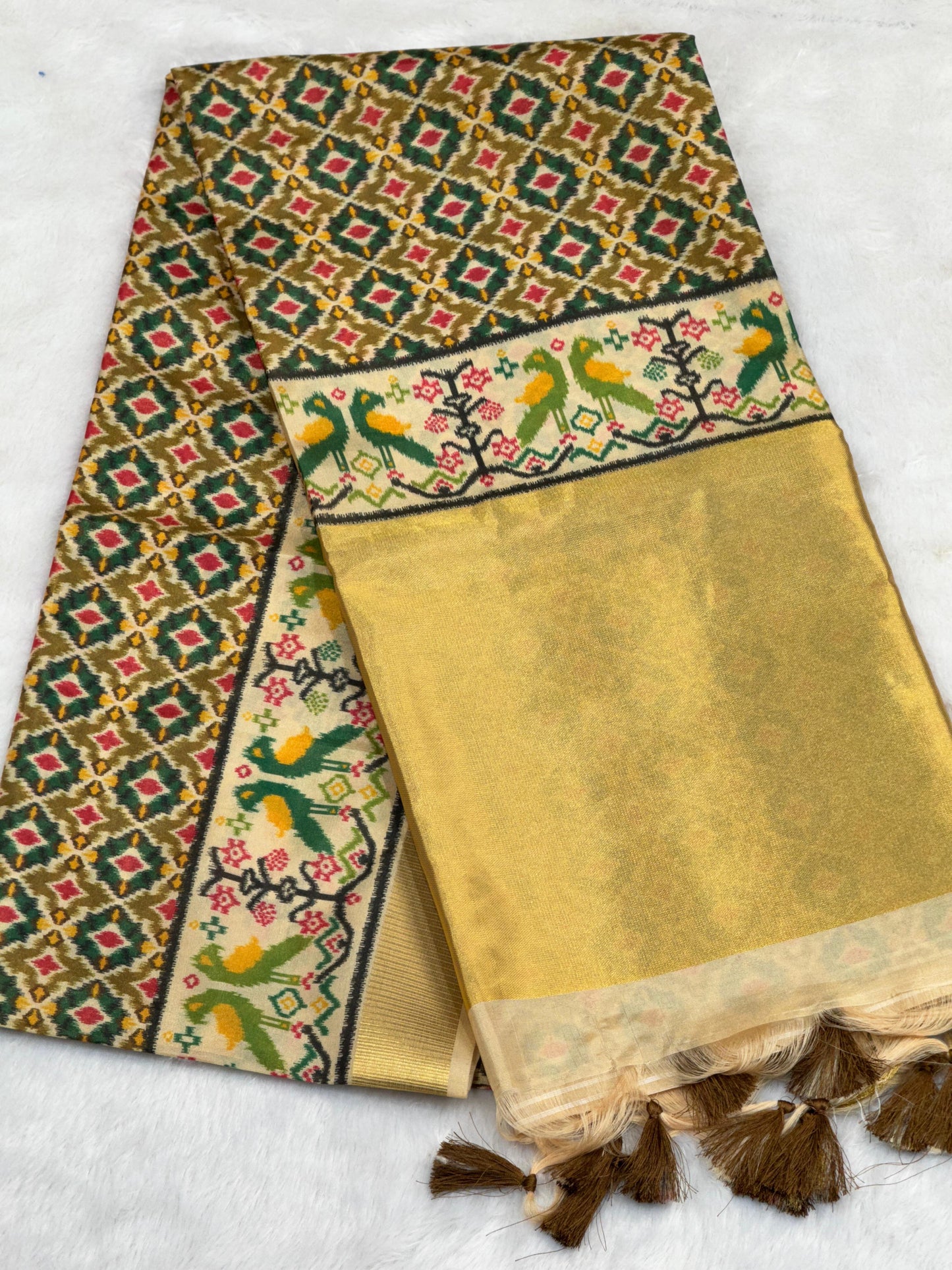 D4 Premium Real Tissue Silk Saree with Patola Kalamkari Design & Golden Zari Patto