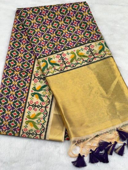 D4 Premium Real Tissue Silk Saree with Patola Kalamkari Design & Golden Zari Patto