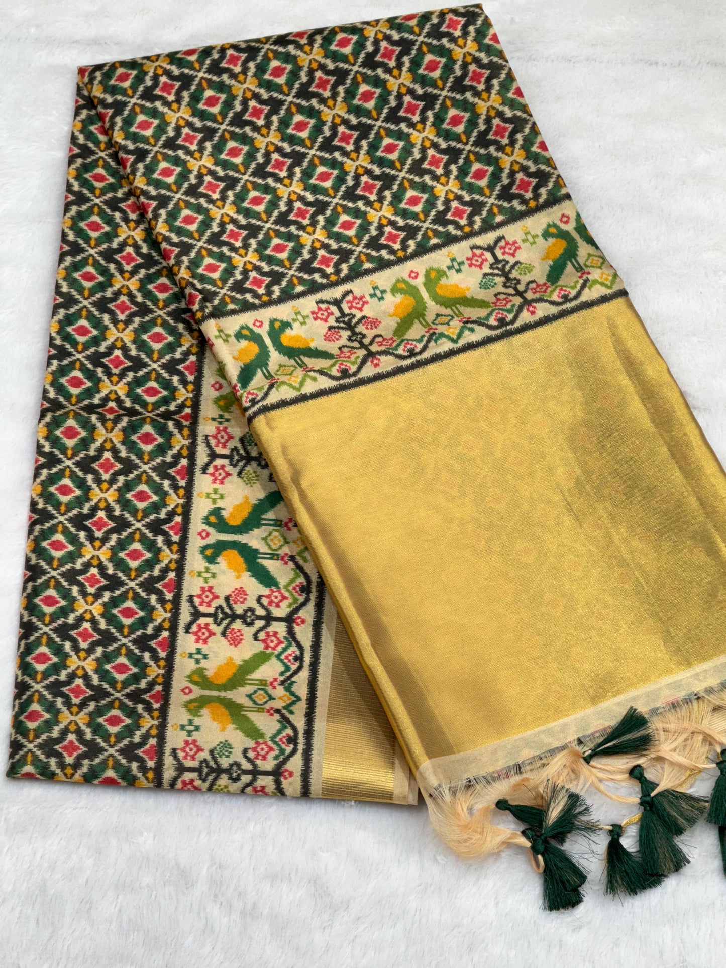 D4 Premium Real Tissue Silk Saree with Patola Kalamkari Design & Golden Zari Patto