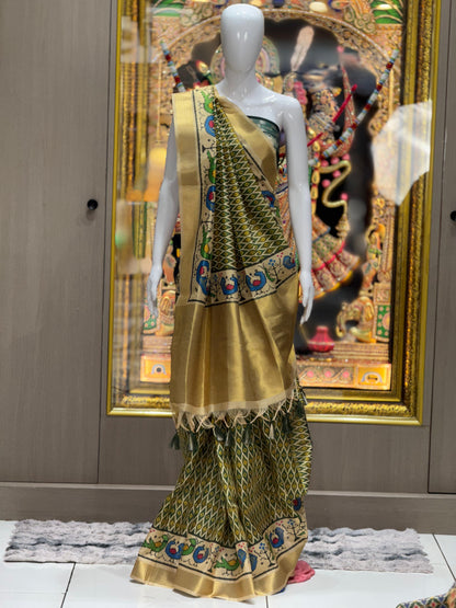 D1 Premium Real Tissue Silk Saree with Patola Kalamkari Design & Golden Zari Patto