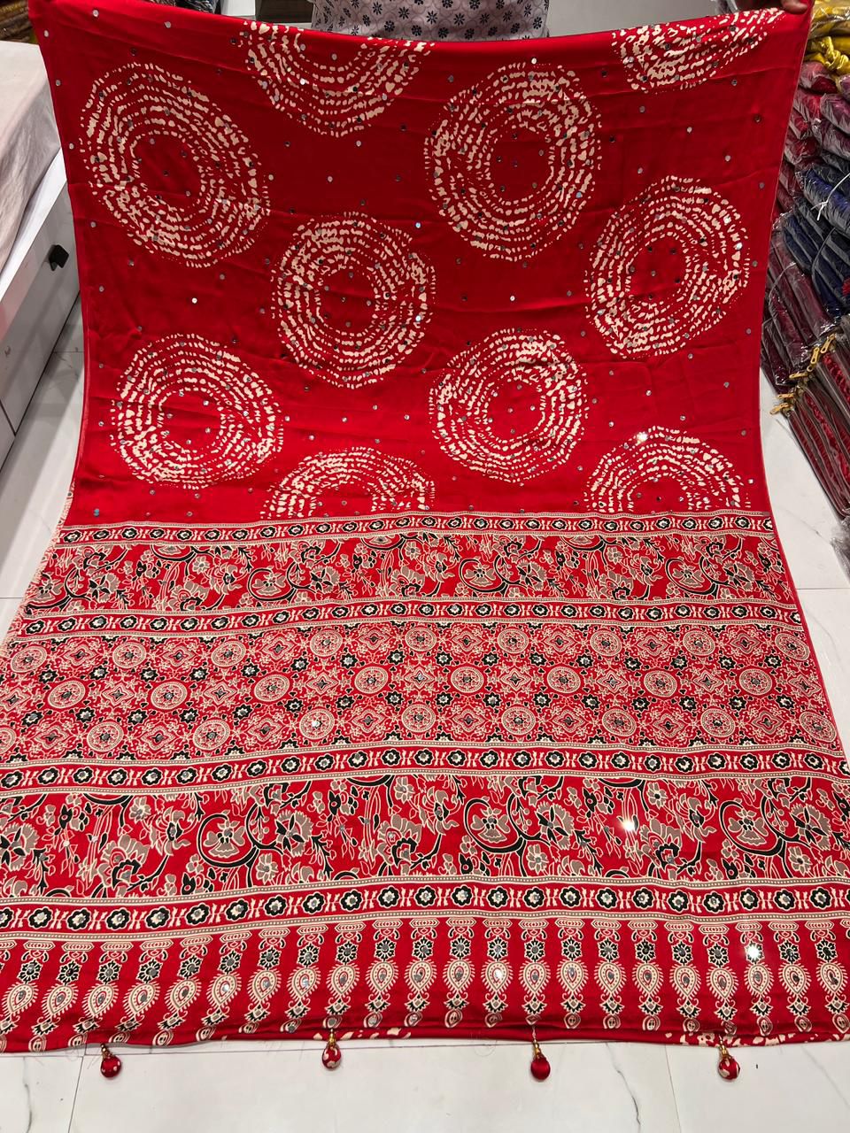 Red Premium Gaji Modal Silk Saree – Shibori, Batik & Ajrakh Fusion with Real Mirror Work