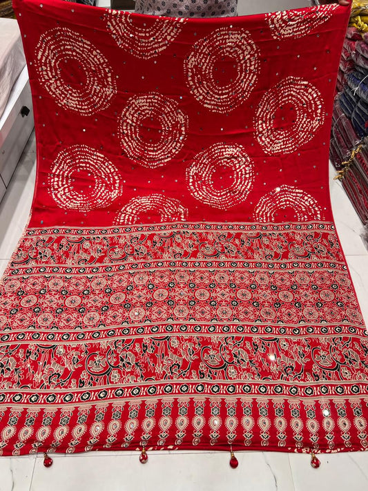 Red Premium Gaji Modal Silk Saree – Shibori, Batik & Ajrakh Fusion with Real Mirror Work