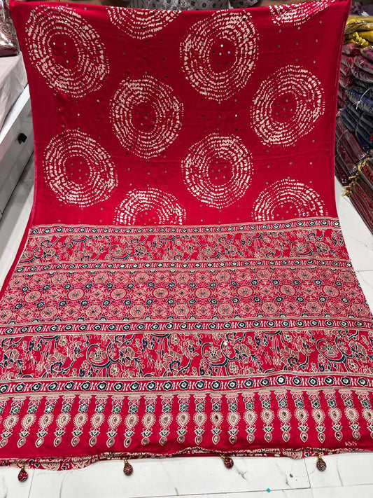 Pink Premium Gaji Modal Silk Saree – Shibori, Batik & Ajrakh Fusion with Real Mirror Work