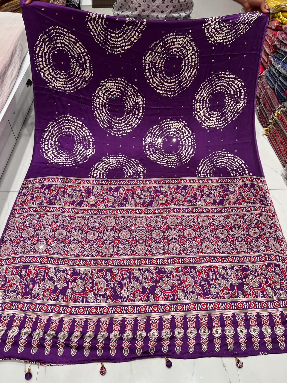Purple Premium Gaji Modal Silk Saree – Shibori, Batik & Ajrakh Fusion with Real Mirror Work