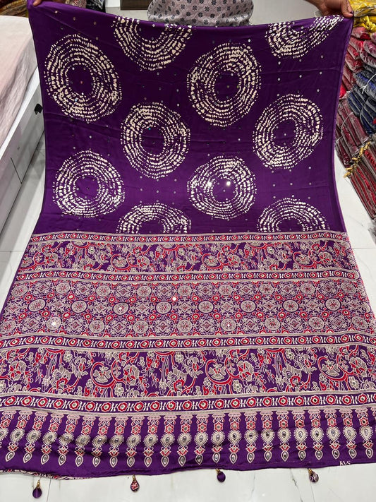 Purple Premium Gaji Modal Silk Saree – Shibori, Batik & Ajrakh Fusion with Real Mirror Work