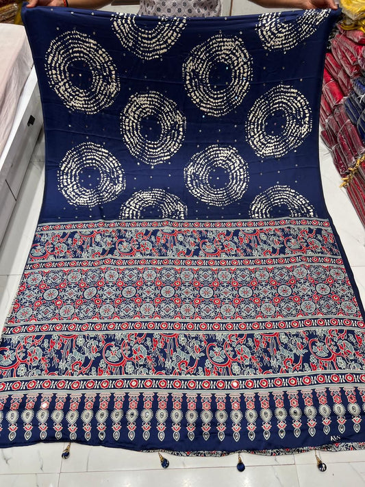 Blue Premium Gaji Modal Silk Saree – Shibori, Batik & Ajrakh Fusion with Real Mirror Work