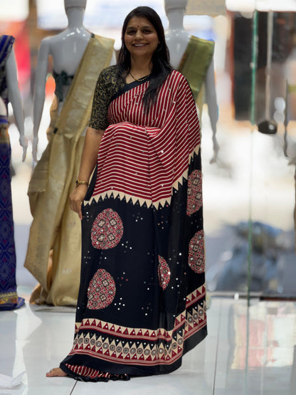 Premium Gaji Modal Silk Saree with Real Mirror Work & Ajrakh Leriya Print Black & Marron