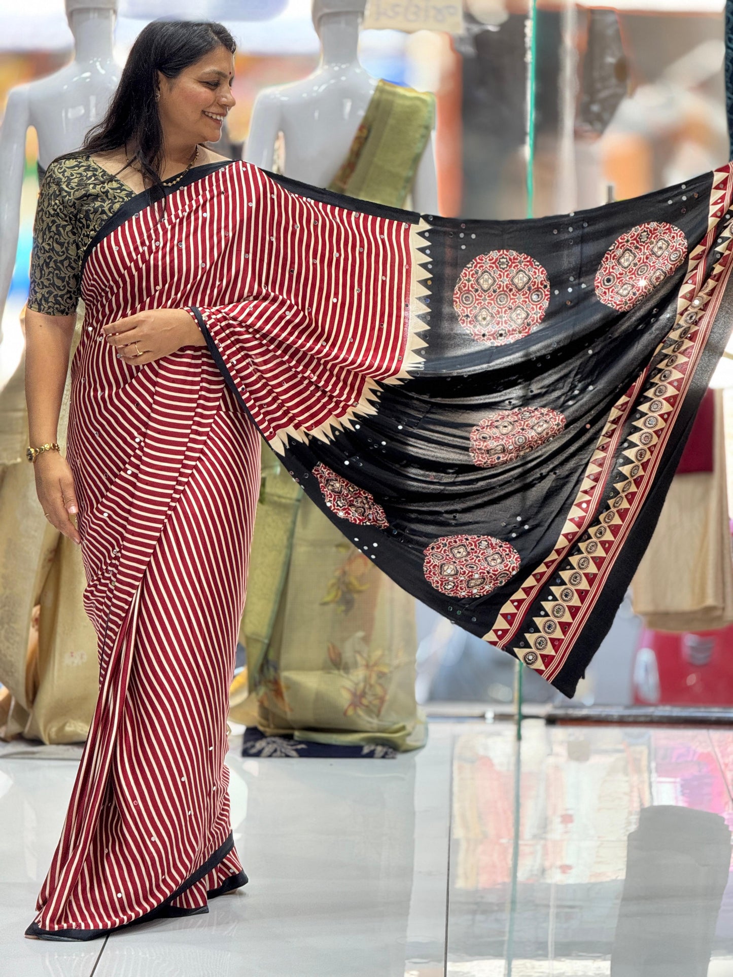 Premium Gaji Modal Silk Saree with Real Mirror Work & Ajrakh Leriya Print Black & Marron