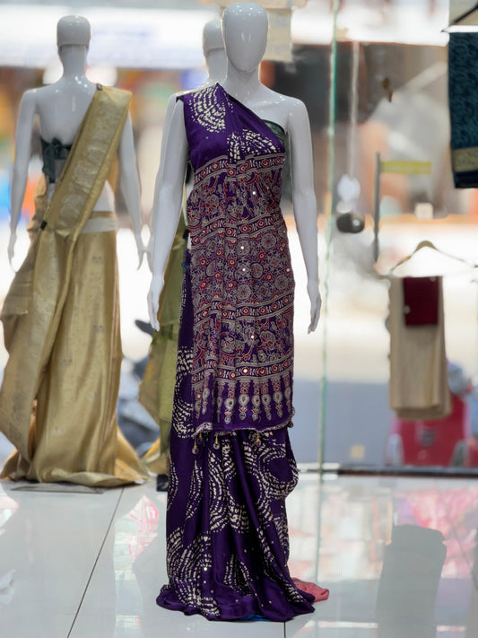Purple Premium Gaji Modal Silk Saree – Shibori, Batik & Ajrakh Fusion with Real Mirror Work