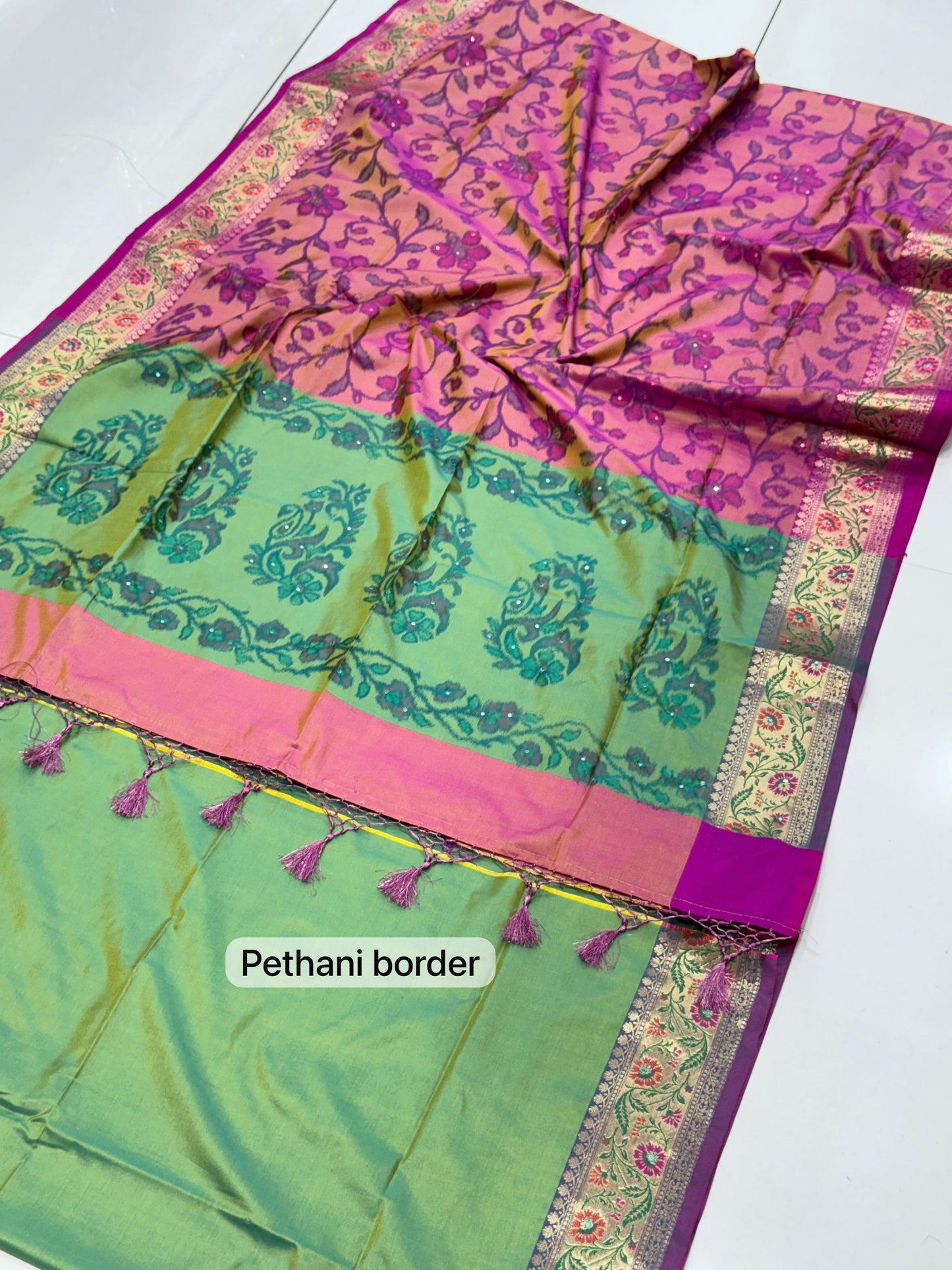 Handcrafted Pochampally Design Silk Saree with Real Zari Kasab Border Mirror Work