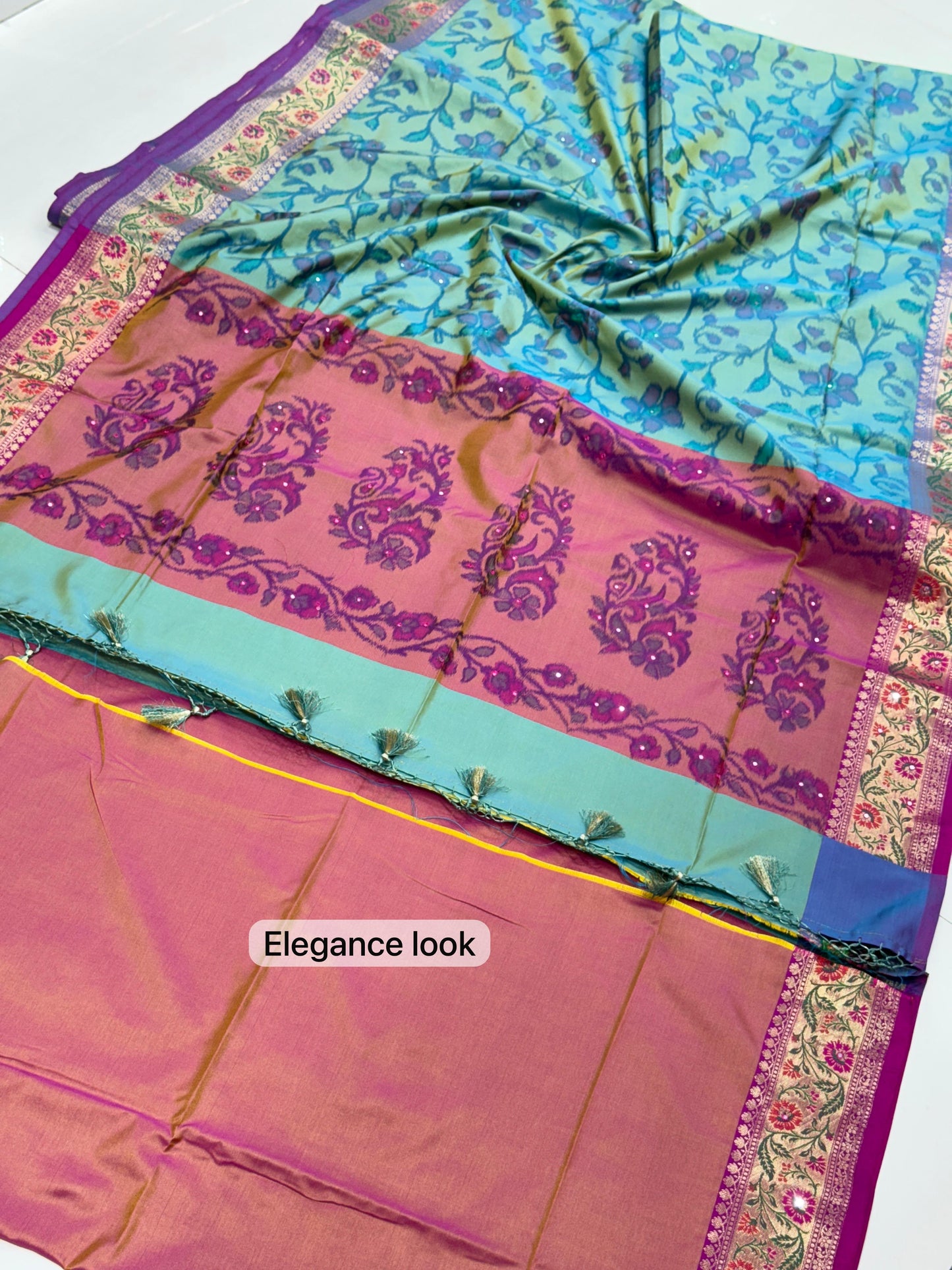 Handcrafted Pochampally Design Silk Saree with Real Zari Kasab Border Mirror Work