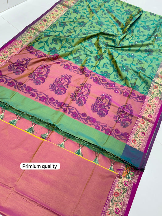 Handcrafted Pochampally Design Silk Saree with Real Zari Kasab Border Mirror Work