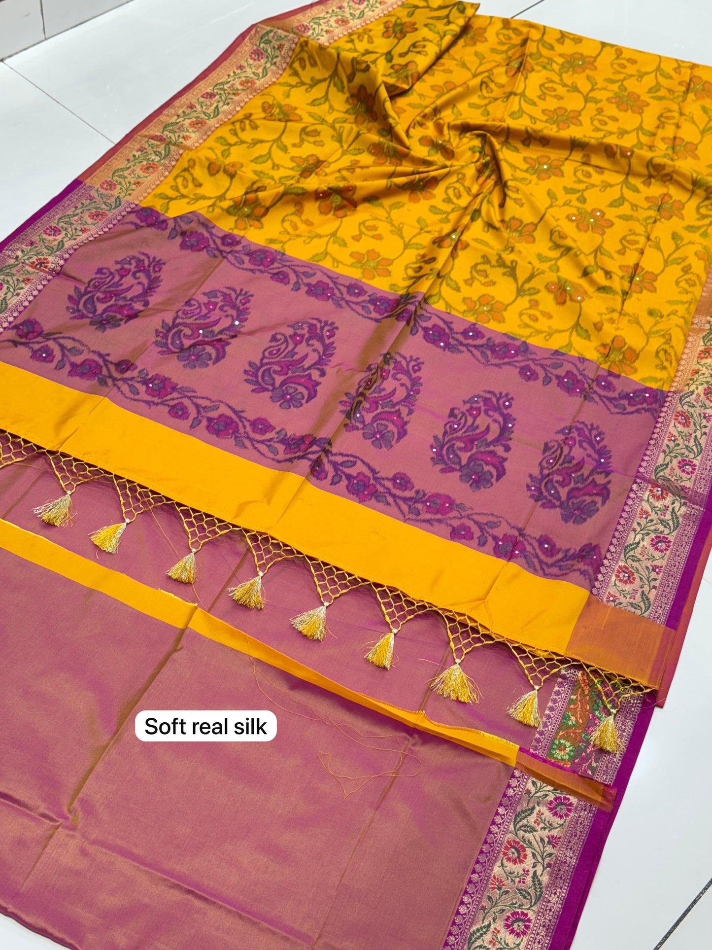 Handcrafted Pochampally Design Silk Saree with Real Zari Kasab Border Mirror Work