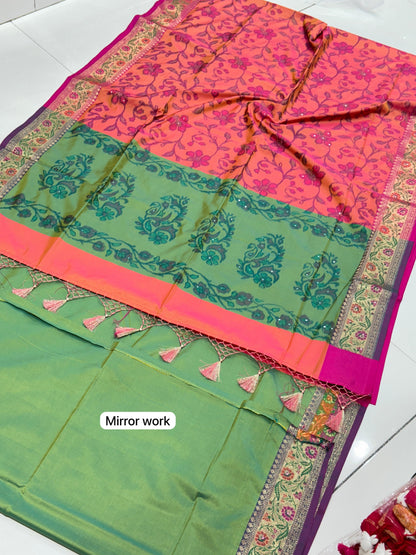 Handcrafted Pochampally Design Silk Saree with Real Zari Kasab Border Mirror Work