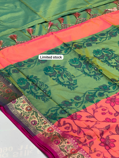 Handcrafted Pochampally Design Silk Saree with Real Zari Kasab Border Mirror Work