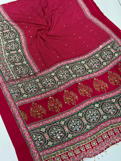 Bandhani Design Ajrakh Pallu Modal Silk Soft