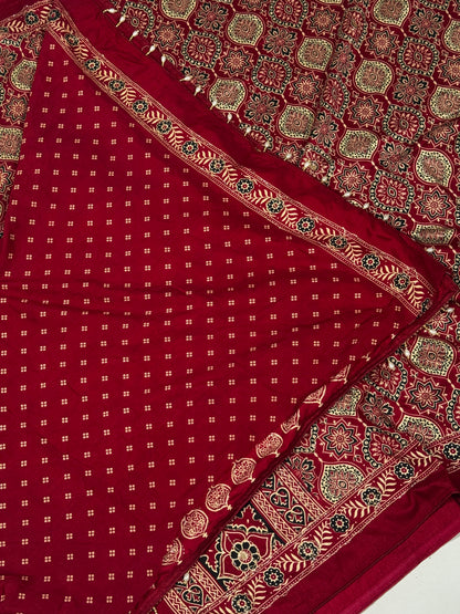 Marron Ajrakh Soft Cotton Saree with Intricate Aari Embroidery