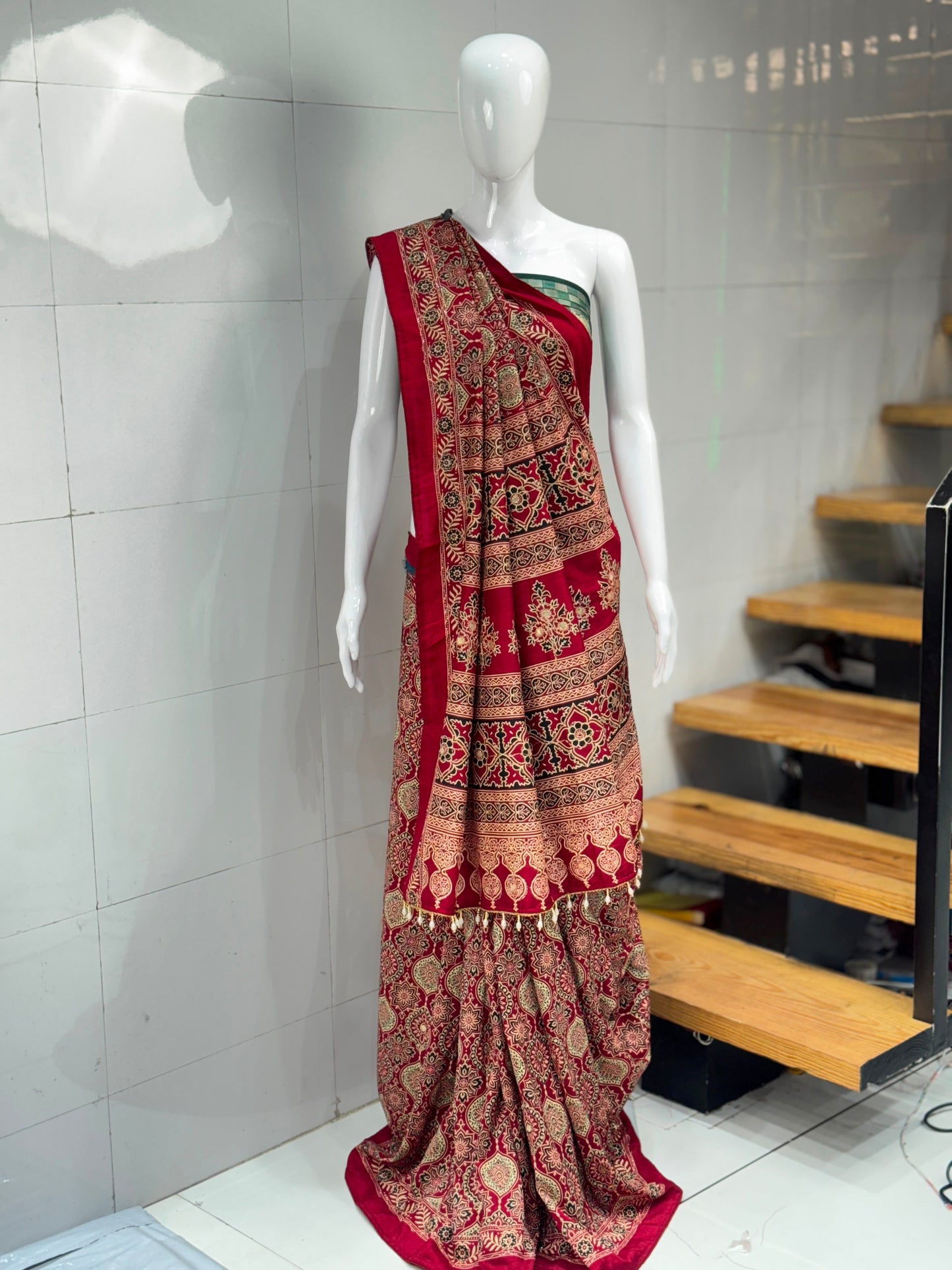 Marron Ajrakh Soft Cotton Saree with Intricate Aari Embroidery