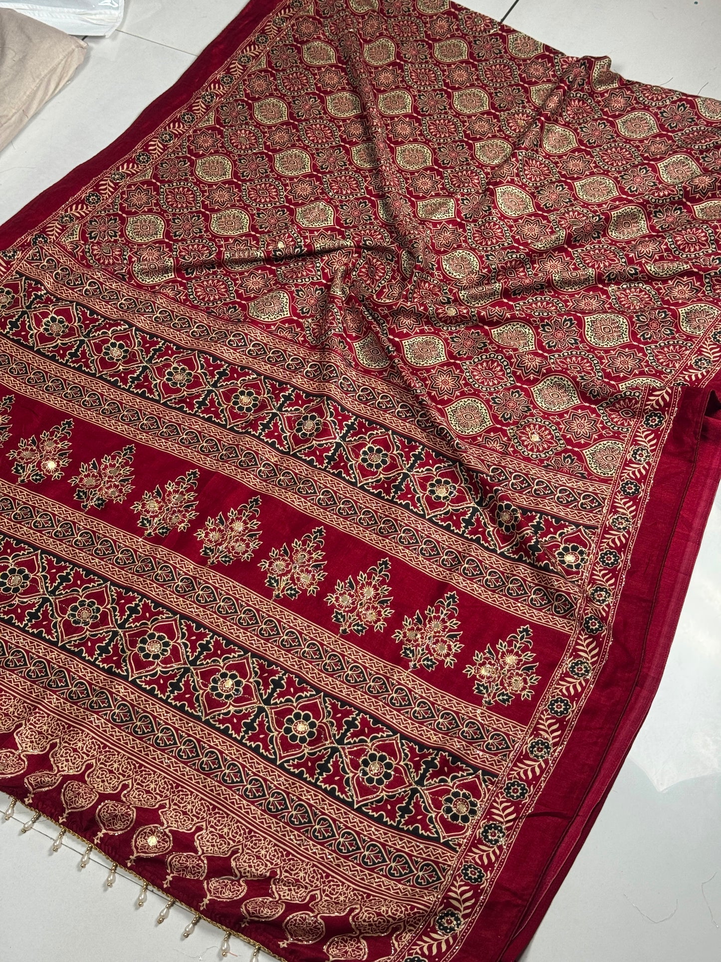 Marron Ajrakh Soft Cotton Saree with Intricate Aari Embroidery