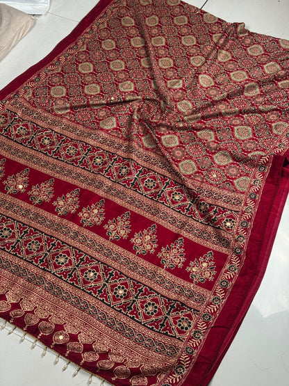 Marron Ajrakh Soft Cotton Saree with Intricate Aari Embroidery
