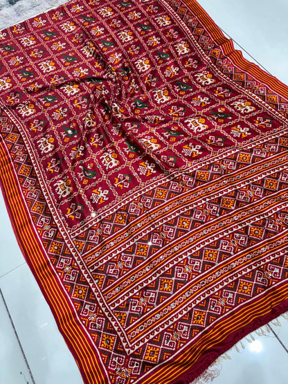 Maroon Festive Patola Saree with Mirror Work & Tassels