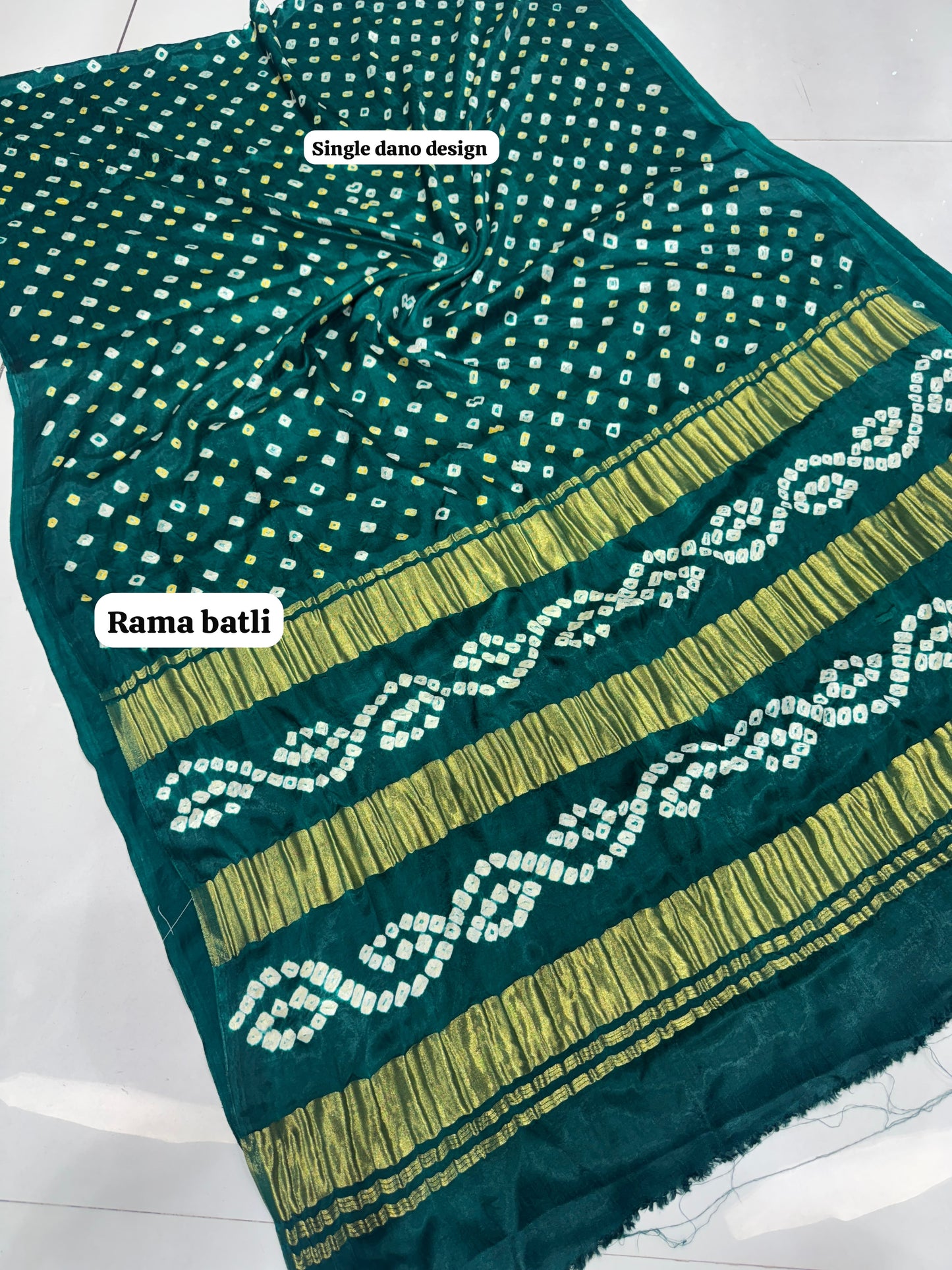 Rama Batali Color 3 Lagdi Patta Single Dano Bandhej Saree in Smooth Gaji Silk