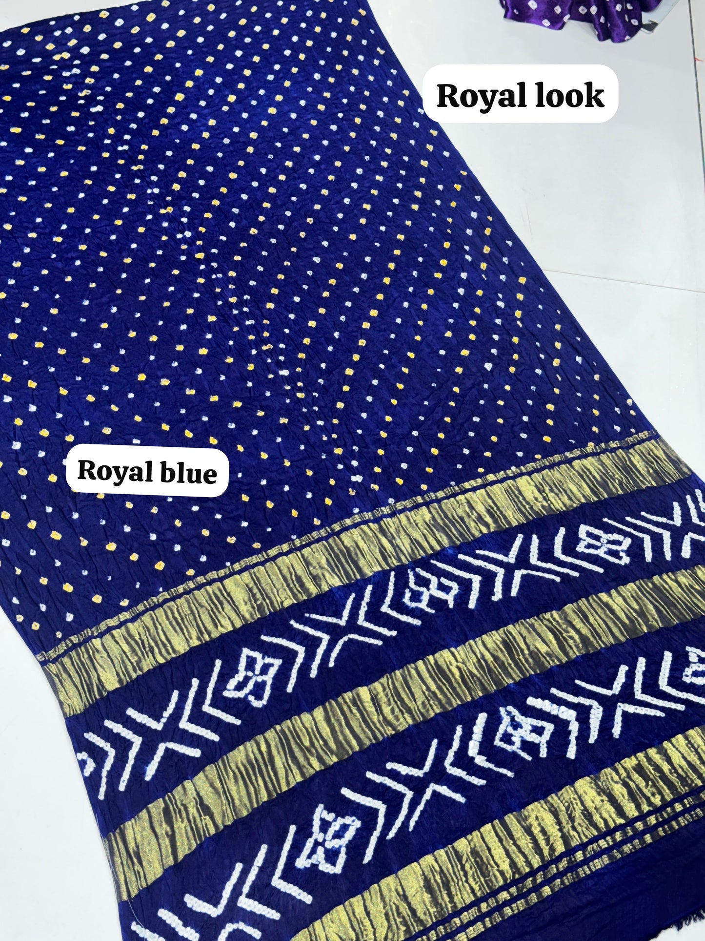 Royal Blue Color 3 Lagdi Patta Single Dano Bandhej Saree in Smooth Gaji Silk