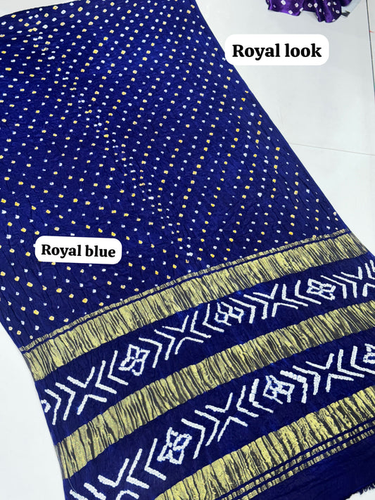 Royal Blue Color 3 Lagdi Patta Single Dano Bandhej Saree in Smooth Gaji Silk