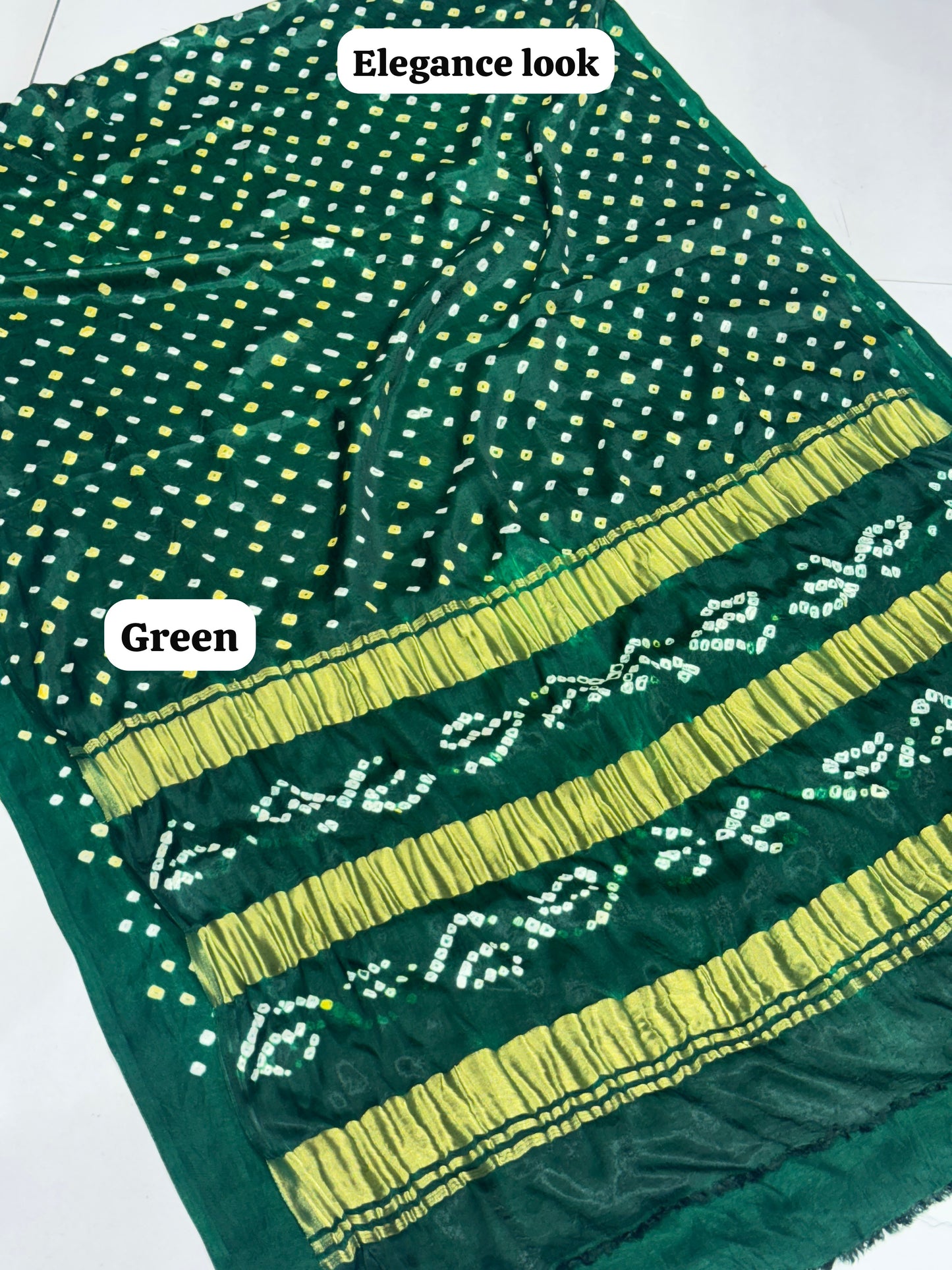 Green Color 3 Lagdi Patta Single Dano Bandhej Saree in Smooth Gaji Silk