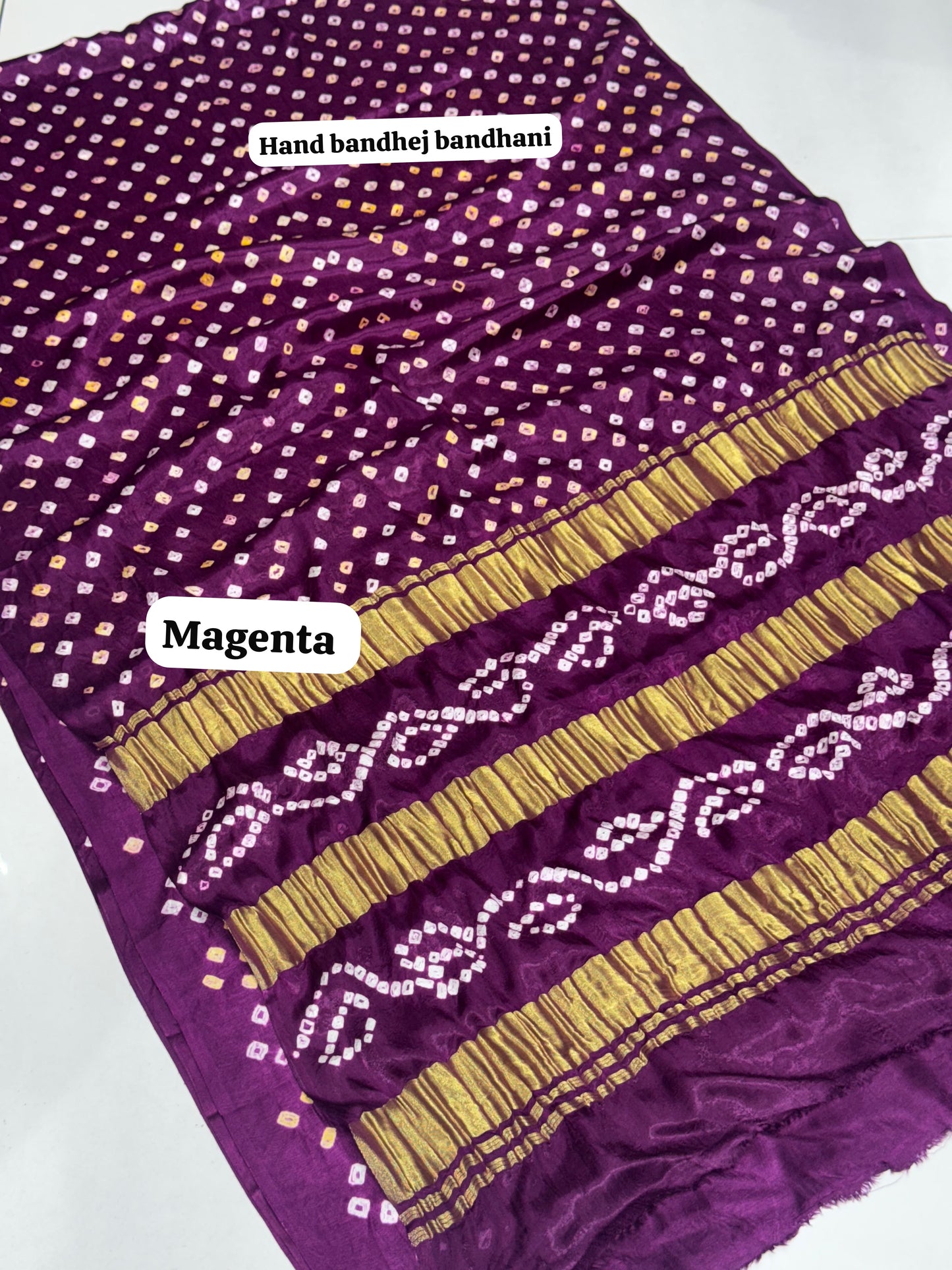 Magenta Color 3 Lagdi Patta Single Dano Bandhej Saree in Smooth Gaji Silk