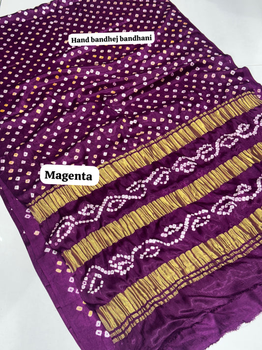 Magenta Color 3 Lagdi Patta Single Dano Bandhej Saree in Smooth Gaji Silk