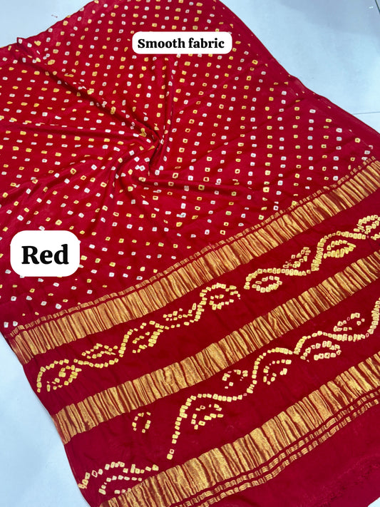 Red Color 3 Lagdi Patta Single Dano Bandhej Saree in Smooth Gaji Silk