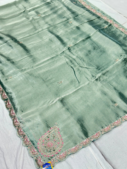 Exclusive Full Handwork Bridal Organza Silk Saree in Soft Tissue