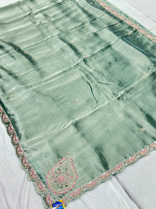 Exclusive Full Handwork Bridal Organza Silk Saree in Soft Tissue