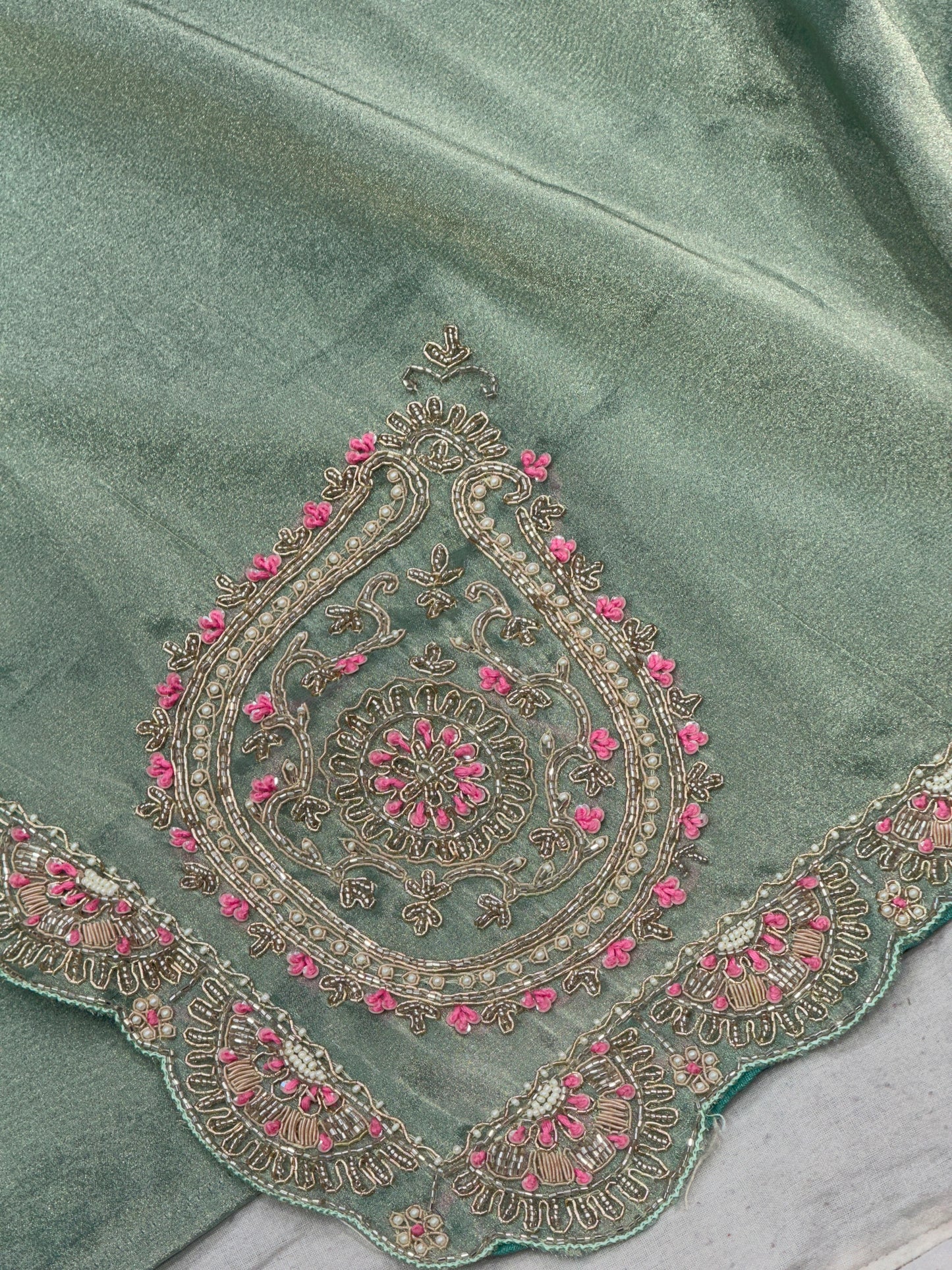 Exclusive Full Handwork Bridal Organza Silk Saree in Soft Tissue