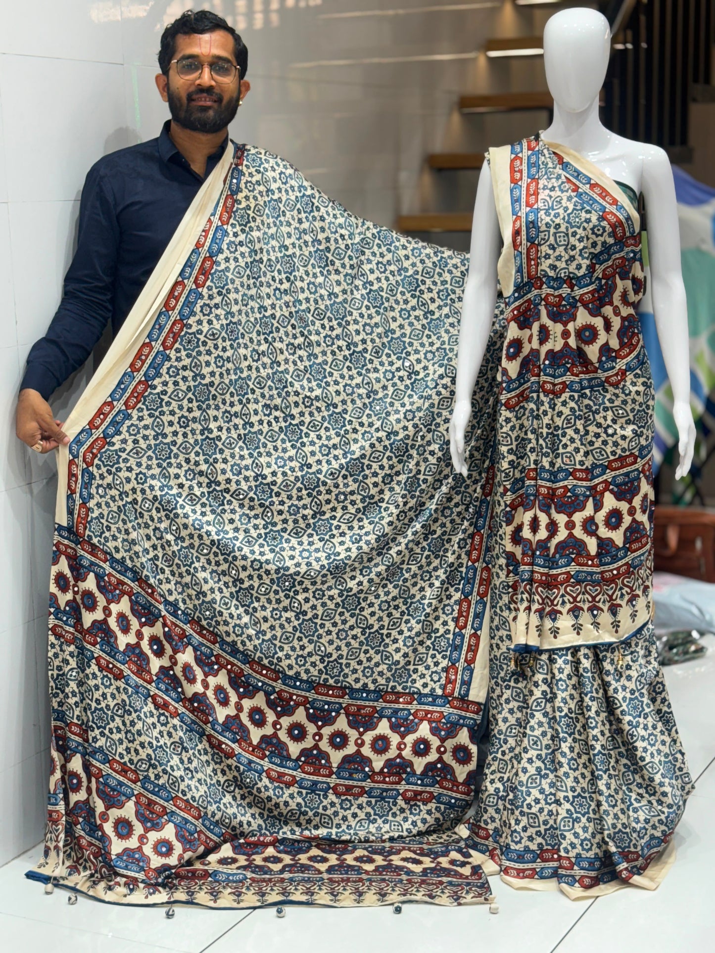 Modal Silk Ajrakh Saree Mirror