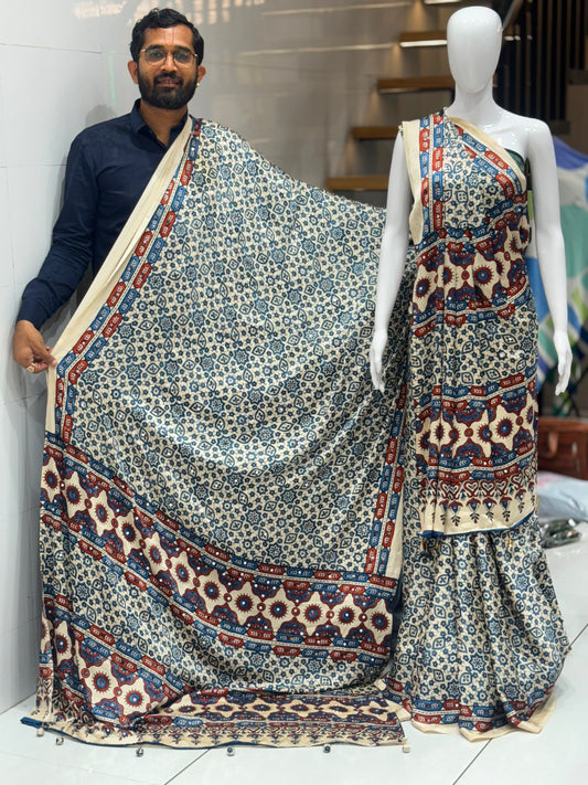 Modal Silk Ajrakh Saree Mirror