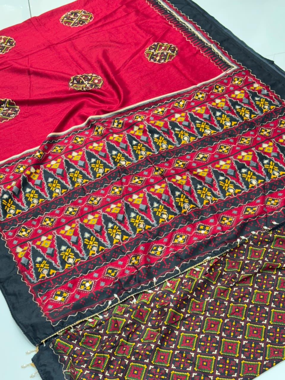 Marron zik zek Ajrakh Soft Cotton Saree with Intricate Aari Embroidery