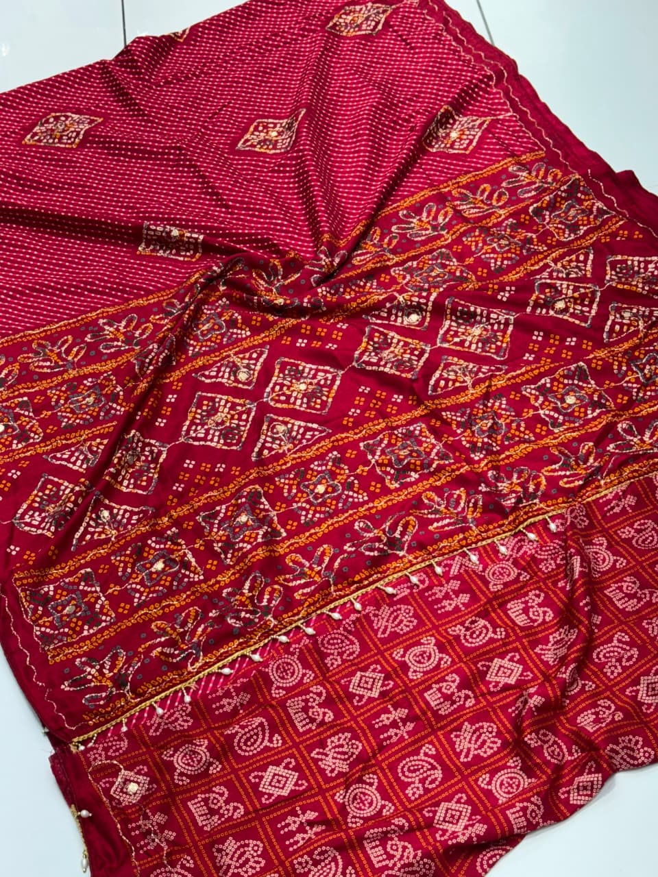Marron Tree Ajrakh Soft Cotton Saree with Intricate Aari Embroidery