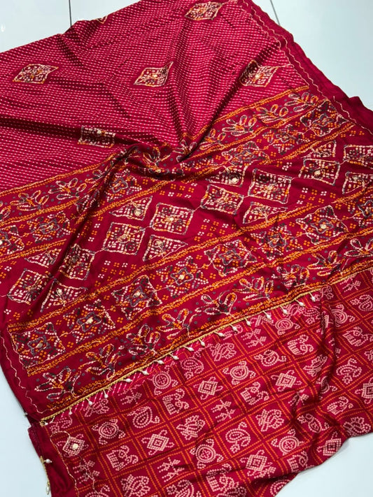 Marron Tree Ajrakh Soft Cotton Saree with Intricate Aari Embroidery