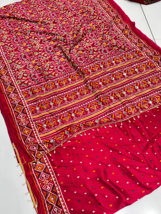 Marron Pashmina Full Ajrakh Soft Cotton Saree with Intricate Aari Embroidery
