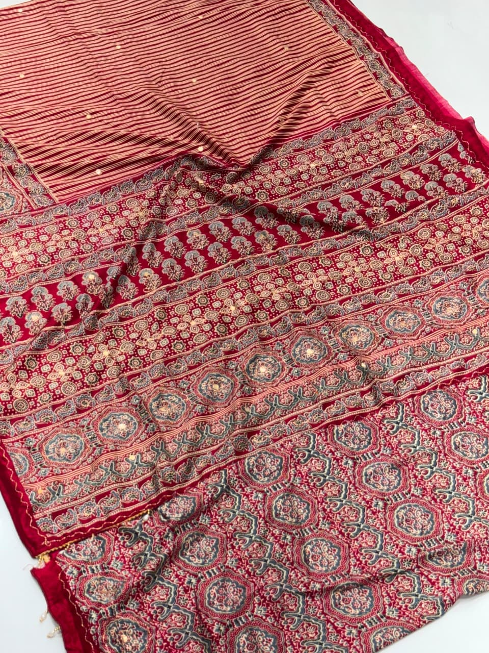 Marron Strip Line Ajrakh Soft Cotton Saree with Intricate Aari Embroidery
