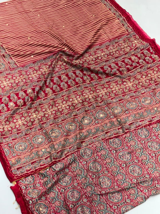 Marron Strip Line Ajrakh Soft Cotton Saree with Intricate Aari Embroidery