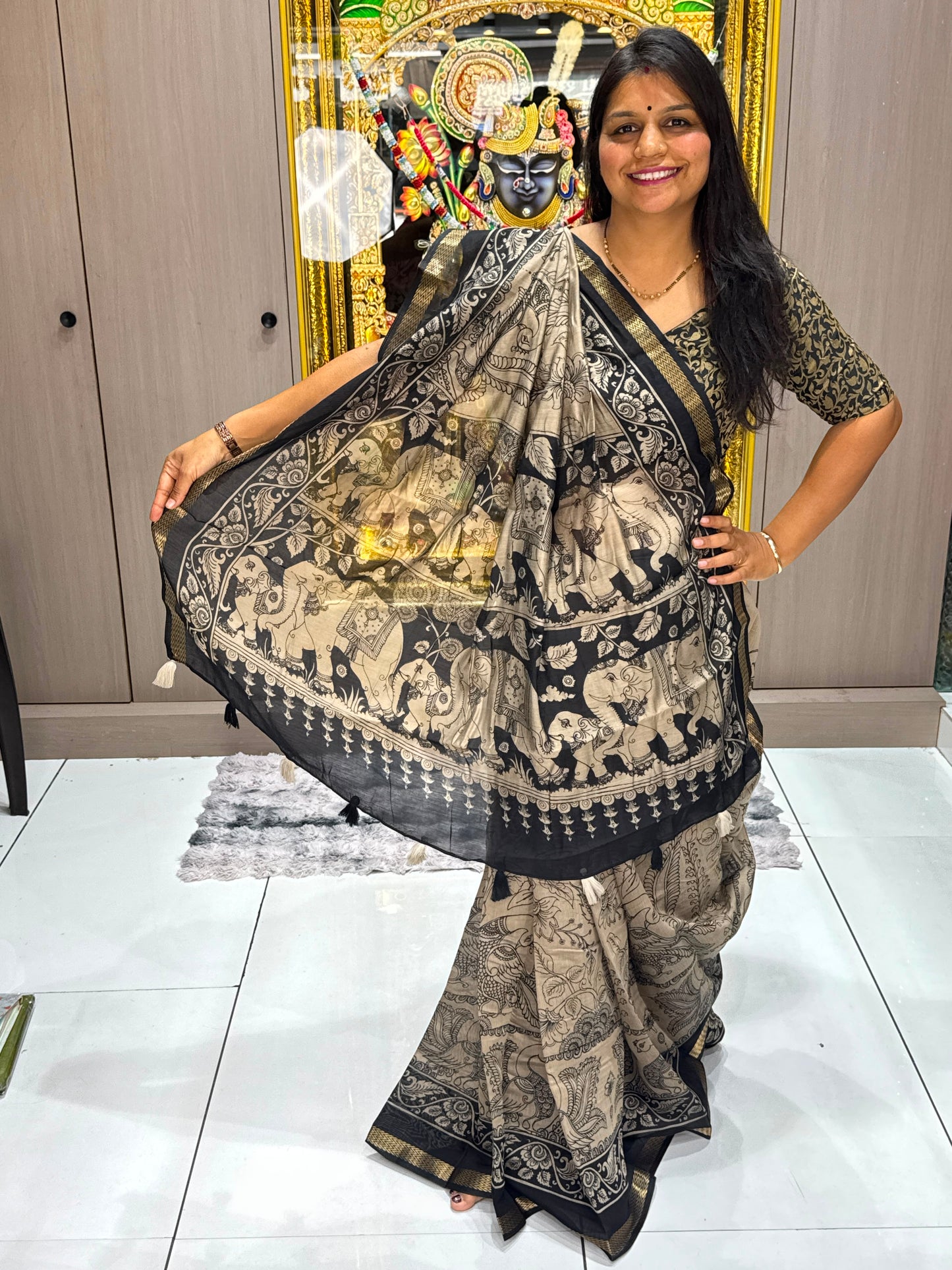 Pure Mal Cotton Kalamkari Saree – Liva Certified Fabric with Elephant & Peacock Print