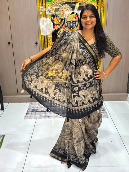 Pure Mal Cotton Kalamkari Saree – Liva Certified Fabric with Elephant & Peacock Print