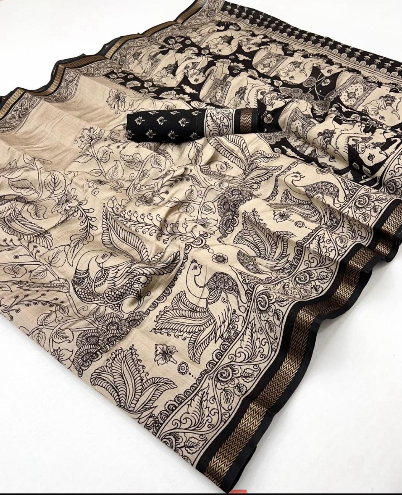 Pure Mal Cotton Kalamkari Saree – Liva Certified Fabric with Elephant & Peacock Print