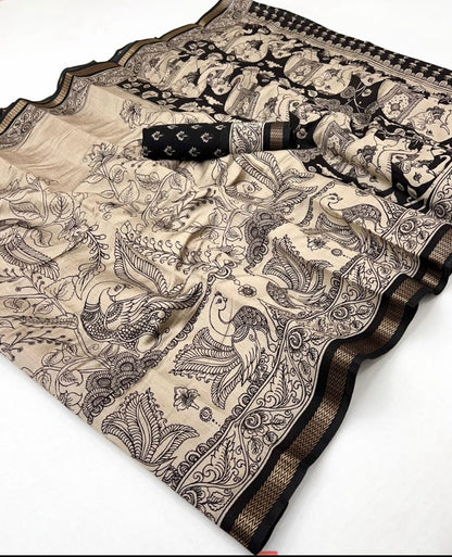 Pure Mal Cotton Kalamkari Saree – Liva Certified Fabric with Elephant & Peacock Print