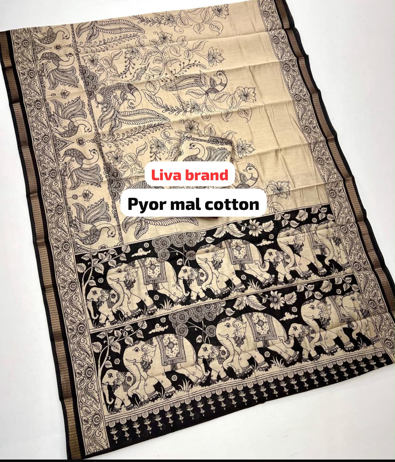 Pure Mal Cotton Kalamkari Saree – Liva Certified Fabric with Elephant & Peacock Print